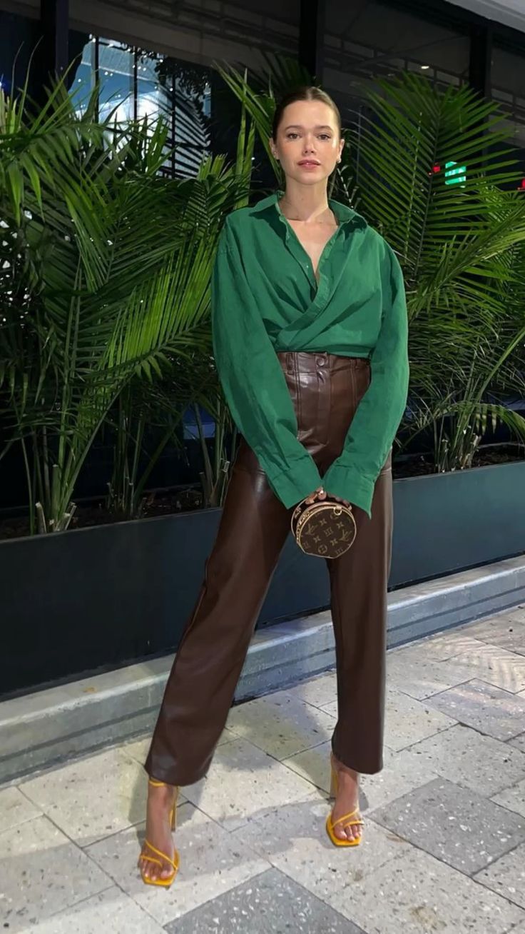 Green Blouse and Brown Pants